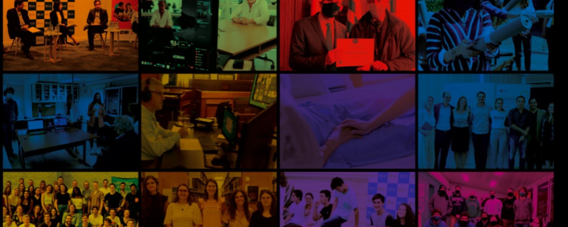 MEMORIA ACADÉMICA 2020 Universidad de Montevideo. Portada. MEMORIA ACADÉMICA 2020 Universidad de Montevideo. Portada. Fotos de diferentes escenas con filtros de color rojo, naranja, azul, verde y violeta.