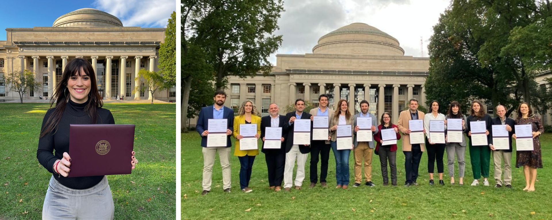 Patricia Filluelo, con diploma en mano, posa en el campus del MIT y con el grupo de graduados del programa