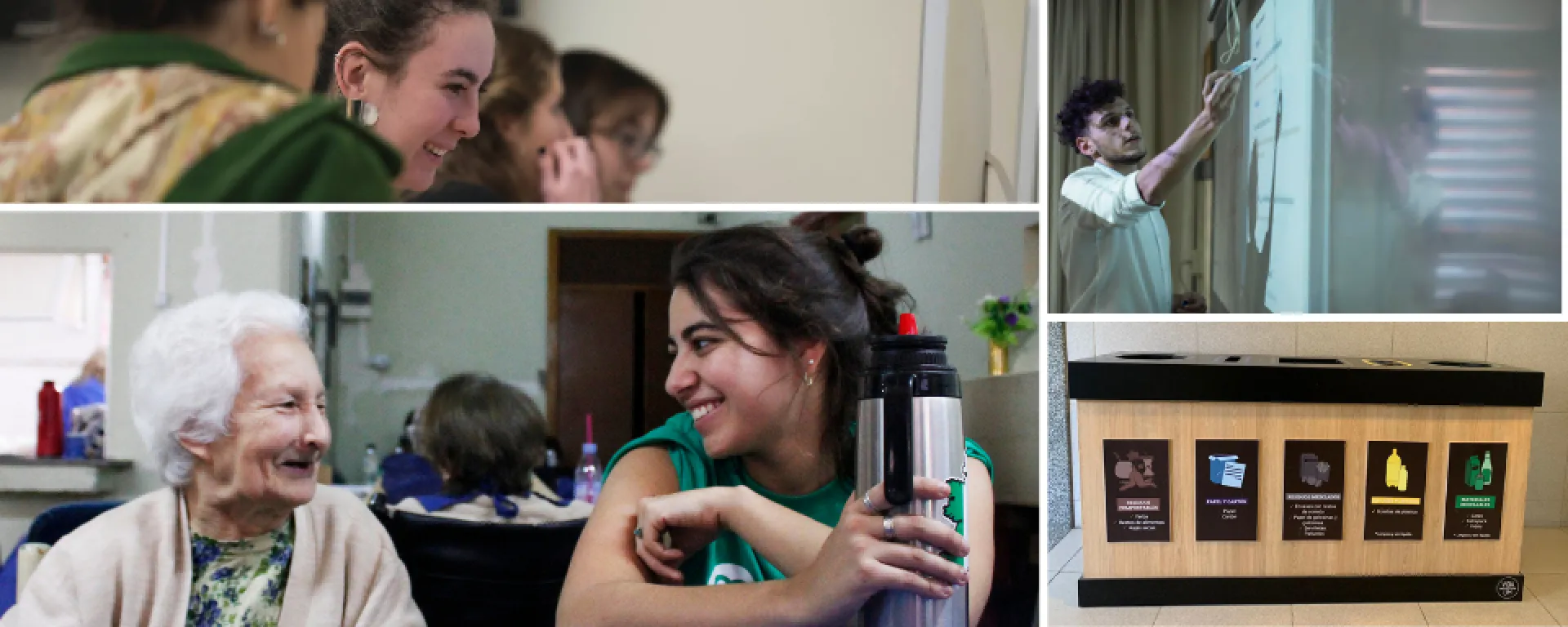 Muchas de las actividades académicas de la UM están alineadas con los Objetivos de Desarrollo Sostenible (ODS) de Naciones Unidas. Imágenes de la vida en la UM: alumnas frente a una computadora, un estudiante escribiendo en un pizarrón, una alumna junto a una persona mayor en una actividad de voluntariado y una de las islas de reciclaje de la universidad.