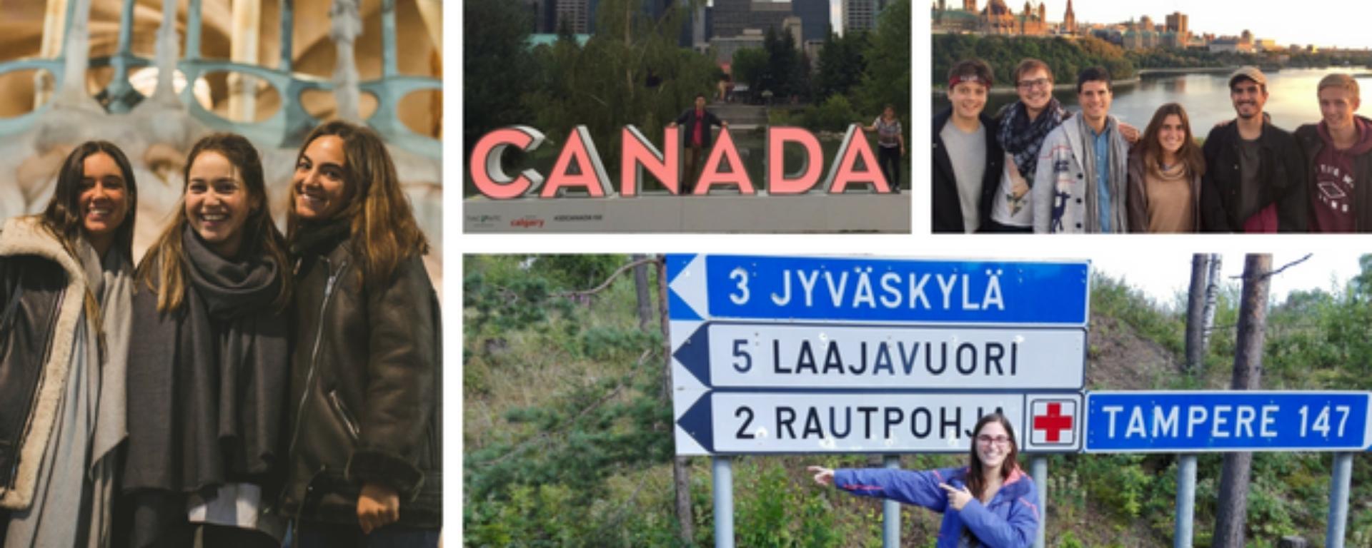 En la foto de la izquierda, Paulina Fabre (en el centro) junto a dos compañeras de FCOM delante de la Casa Batlló en Barcelona; en las dos imágenes superiores de la derecha, Florencia Bigatti; debajo a la derecha, Cecilia Tejera en Finlandia. En la foto de la izquierda, Paulina Fabre (en el centro) junto a dos compañeras de FCOM delante de la Casa Batlló en Barcelona; en las dos imágenes superiores de la derecha, Florencia Bigatti; debajo a la derecha, Cecilia Tejera en Finlandia.