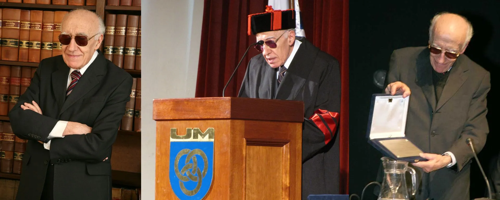 Mariano Brito Portada noticia de lanzamiento de libro Tres imágenes de Mariano Brito: posa ante su biblioteca; posa en el atril con toga de graduación; posa con placa de reconocimiento